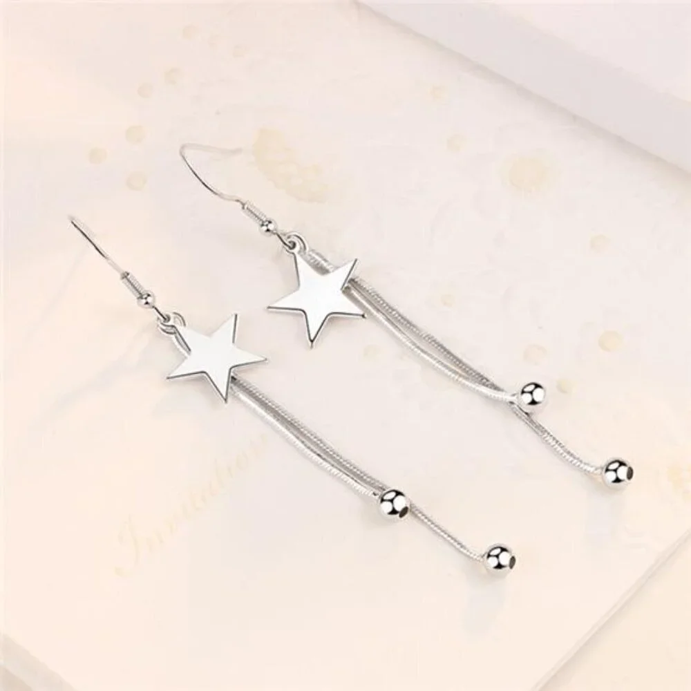 Silver Star Tassel Earrings 925 Sterling Luxury Bead for Women Fashion